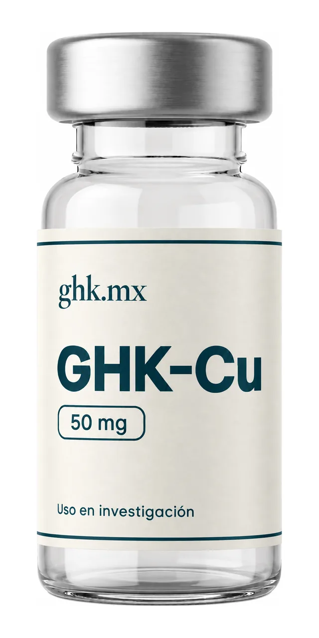 Vial de investigación GHK-Cu de 50 mg: vidrio transparente, tapa de aluminio y etiqueta marfil ghk.mx en azul mineral.
