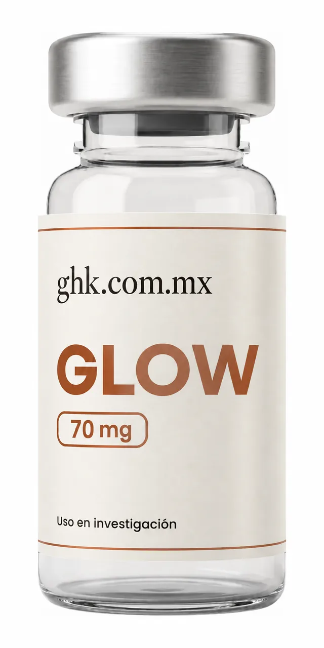 Vial de investigación GLOW de 70 mg: vidrio transparente, tapa de aluminio y etiqueta marfil ghk en cobre.