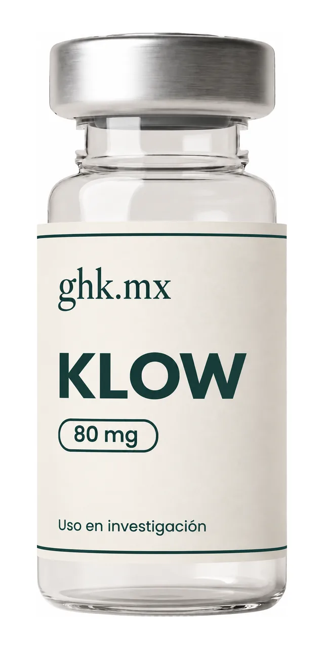 Vial de investigación KLOW de 80 mg: vidrio transparente, tapa de aluminio y etiqueta marfil ghk.mx en tinta.