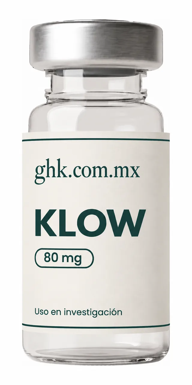 Vial de investigación KLOW de 80 mg: vidrio transparente, tapa de aluminio y etiqueta marfil ghk en tinta.